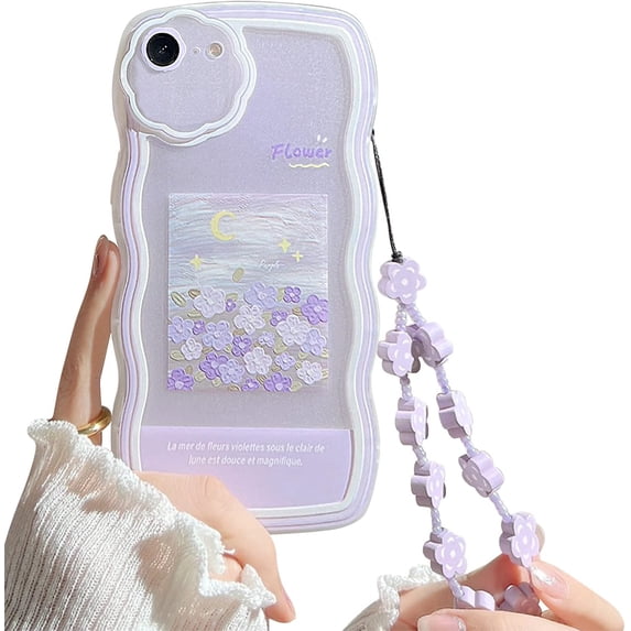 iPhone 7/8/SE Floral Case - Cute Purple Flower Design, Lens Protection, Lightweight & Shock-Absorbent with Chain