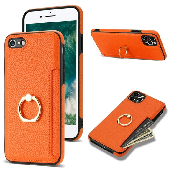 iPhone 7/8 Wallet Case, iPhone SE 2020/2022 Case with Ring Holder, PU Leather Kickstand Shockproof Anti-Scratch Cash Pocket Wallet Case Cover for Apple iPhone 7/8 SE 3rn 2nd Gen - Orange