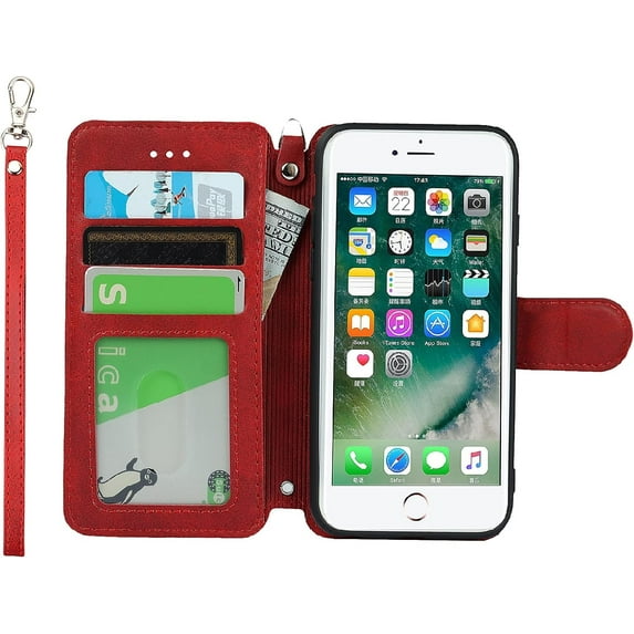 for iPhone 7/8/iPhone SE 2nd 2020 Wallet Case with Card Holder Slots,Kickstand Phone Cover Premium Leather Magnetic Closure Slim Flip Shockproof Wrist Strap Case for iPhone 7 4.7",Wine Red