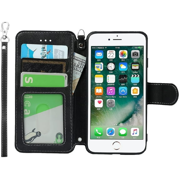 for iPhone 7/8/iPhone SE 2nd 2020 Wallet Case with Card Holder Slots,Kickstand Phone Cover Premium Leather Magnetic Closure Slim Flip Shockproof Wrist Strap Case for iPhone 7/8 4.7",Black