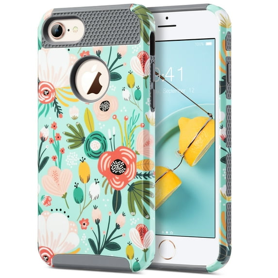 iPhone 7 Case,ULAK Colorful Series Slim Fit Hybrid Dual Layer Scratch Resistant Hard Back Cover Shock Absorbent TPU Bumper Case for Apple iPhone 7 4.7 inch, Mint Floral