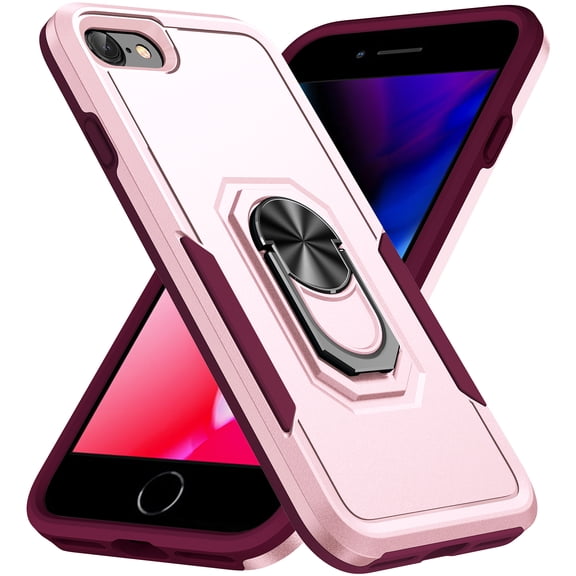 iPhone 7 Case, iPhone 8 Case, iPhone SE Case, 360 ?Rotate Ring Stand Rugged Lightweight Slim Impact-Resistant Full Body Shockproof Protective Bumper Case For iPhone 7 / 8 / SE 2020,Pink + Rose