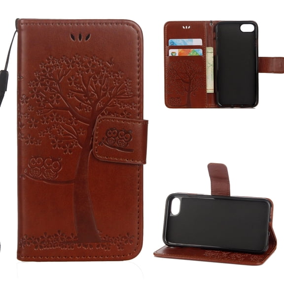iPhone 7 Case, iPhone 8 Wallet case, Pretty Retro Embossed Owl Tree Design PU Leather Book Style Wallet Flip Case Cover for Apple iPhone 7 and iPhone 8, Brown