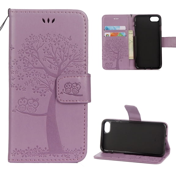 iPhone 7 Case, iPhone 8 Wallet case, Pretty Retro Embossed Owl Tree Design PU Leather Book Style Wallet Flip Case Cover for Apple iPhone 7 and iPhone 8, Lightpurple