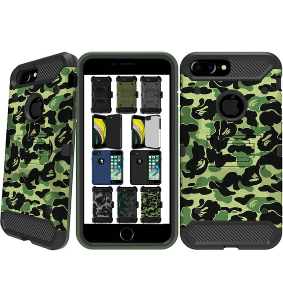 iPhone 7 Plus 2016 iPhone 8 Plus 2017 5.5 A1661 A1784 A1785 A1864 A1897 A1898 Shockproof Sturdy Printed Case with Multi Layer Protection & Kick Stand - Military Moss(Without Holster)