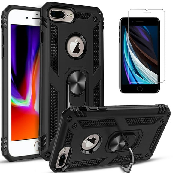 iPhone 7 Plus / 8 Plus Case, [NOT iPhone 7 / 8 ] With [Tempered Glass Screen Protector Included], STARSHOP Drop Protection Ring Kickstand Cover- Black