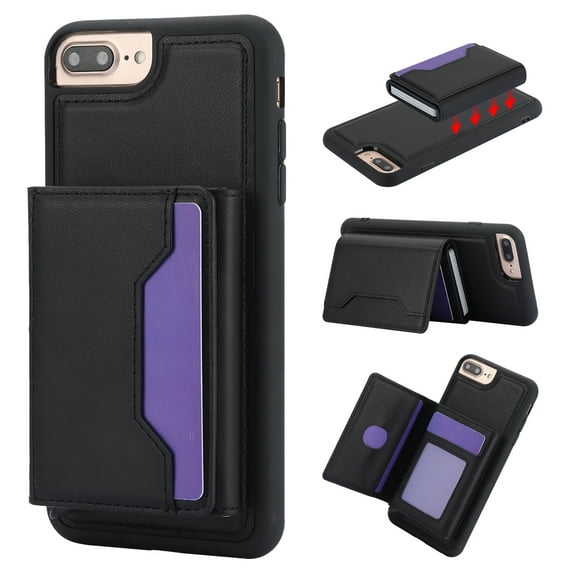 for iPhone 7 Plus/8 Plus 2 In 1 Detachable Magnetic Card Slots Back Case, PU Leather RFID Blocking Kickstand Fashion Shockproof Protective Phone Case Cover for iPhone 7 Plus/8 Plus, Black