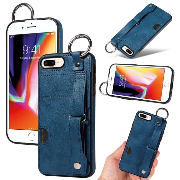 for iPhone 7 Plus/8 Plus Back Case with Wristband Card Holder Drop Protective Cover with Stand PU Leather All-round Shockproof Finger Ring Snap Bracket Design for iPhone 7 Plus/8 Plus, Blue