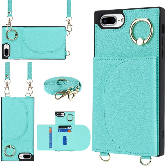 for iPhone 7 Plus/8 Plus Case with Card Holder and Strap for Women,Crossbody Lanyard,Stand Ring Kickstand,3 Credit Card Holder,Magnetic Clasp,and PU Leather Wallet Phone Casas 5.5 inch(Green)