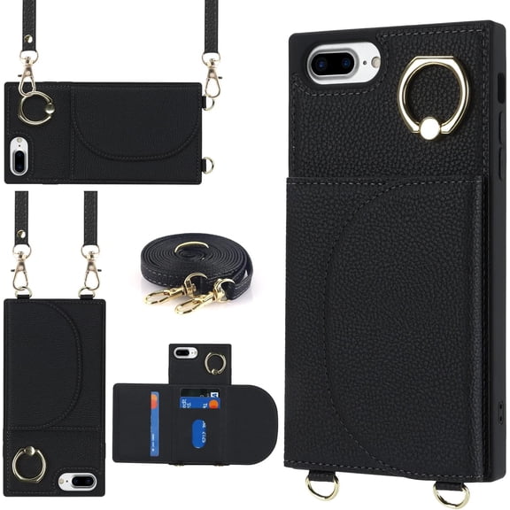 for iPhone 7 Plus/8 Plus Case with Card Holder and Strap for Women,Crossbody Lanyard,Stand Ring Kickstand,3 Credit Card Holder,Magnetic Clasp,and PU Leather Wallet Phone Casas 5.5 inch(Black)