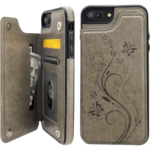 for iPhone 7 Plus/8 Plus Case Wallet with Card Holder, Embossed Butterfly Premium PU Leather Double Magnetic Buttons Flip Shockproof Protective Cover for iPhone 7/8 Plus Case(5.5", Gray)