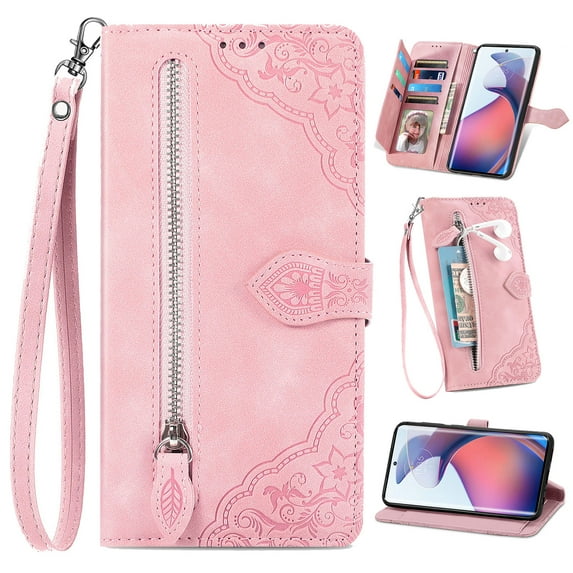 for iPhone 7 Plus/8 Plus Case for Women,Cute Wallet Case with Zipper Pocket Purse Flower Embossed PU Leather Card Slots Wrist Strap Flip Folio Protective Phone Cover for iPhone 7 Plus/8 Plus, Pink
