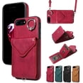 thumbnail image 1 of for iPhone 7 Plus/8 Plus PU Leather Back + TPU Frame Rugged Case, Classic 360 Rotating Ring Kickstand Card Slots Shoulder Strap Drop Protective Slim Fit Shockproof Phone Case Cover, Red, 1 of 12