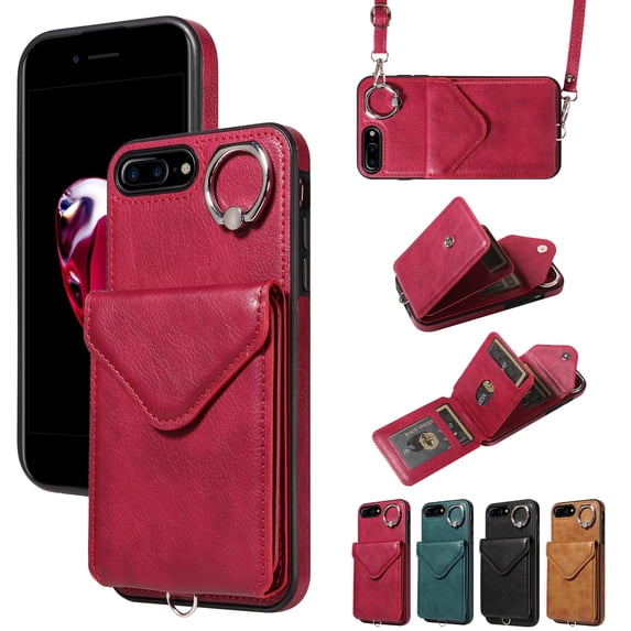 for iPhone 7 Plus/8 Plus PU Leather Back + TPU Frame Rugged Case, Classic 360 Rotating Ring Kickstand Card Slots Shoulder Strap Drop Protective Slim Fit Shockproof Phone Case Cover, Red