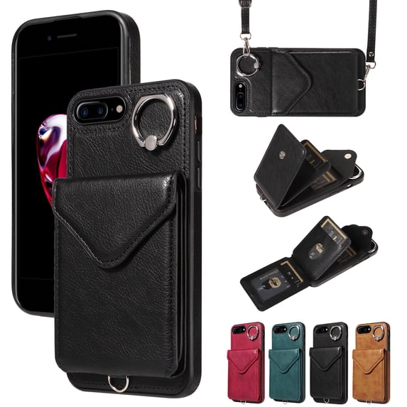 for iPhone 7 Plus/8 Plus PU Leather Back + TPU Frame Rugged Case, Classic 360 Rotating Ring Kickstand Card Slots Shoulder Strap Drop Protective Slim Fit Shockproof Phone Case Cover, Black