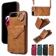 thumbnail image 1 of for iPhone 7 Plus/8 Plus PU Leather Back + TPU Frame Rugged Case, Classic 360 Rotating Ring Kickstand Card Slots Shoulder Strap Drop Protective Slim Fit Shockproof Phone Case Cover, Brown, 1 of 12