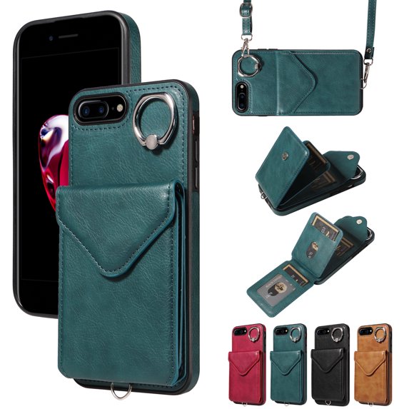 for iPhone 7 Plus/8 Plus PU Leather Back + TPU Frame Rugged Case, Classic 360 Rotating Ring Kickstand Card Slots Shoulder Strap Drop Protective Slim Fit Shockproof Phone Case Cover, Green