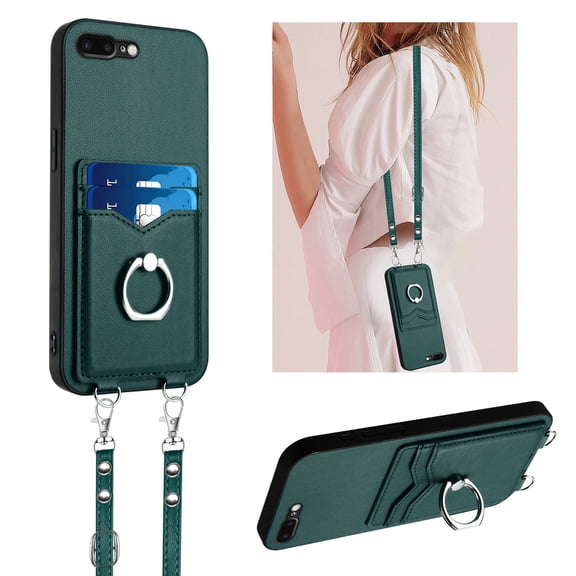 for iPhone 7 Plus/8 Plus PU Leather Case, Wallet Case with Ring Stand Kickstand Shockproof Protective for Women Girls Card Holder Slot Stand Shoulder Strap Case for iPhone 7 Plus/8 Plus, Green