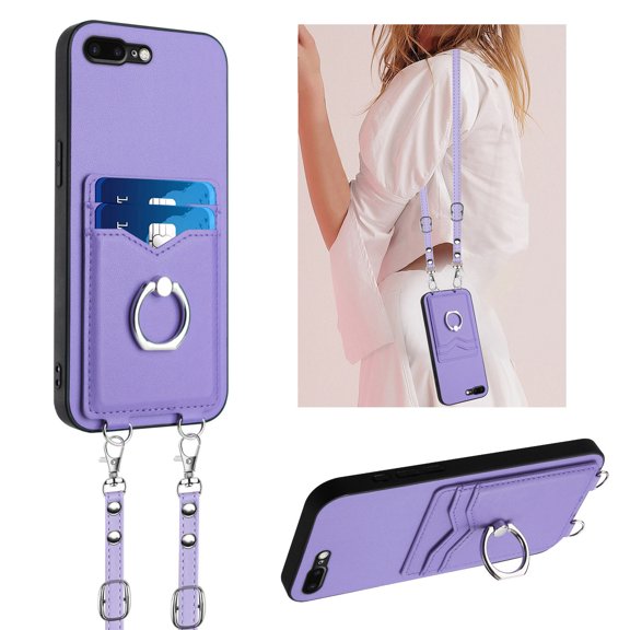 for iPhone 7 Plus/8 Plus PU Leather Case, Wallet Case with Ring Stand Kickstand Shockproof Protective for Women Girls Card Holder Slot Stand Shoulder Strap Case for iPhone 7 Plus/8 Plus, Purple