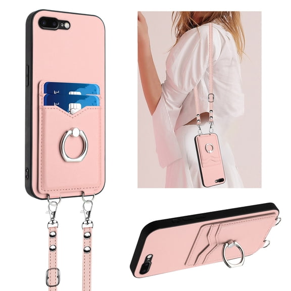 for iPhone 7 Plus/8 Plus PU Leather Case, Wallet Case with Ring Stand Kickstand Shockproof Protective for Women Girls Card Holder Slot Stand Shoulder Strap Case for iPhone 7 Plus/8 Plus, Rosegold