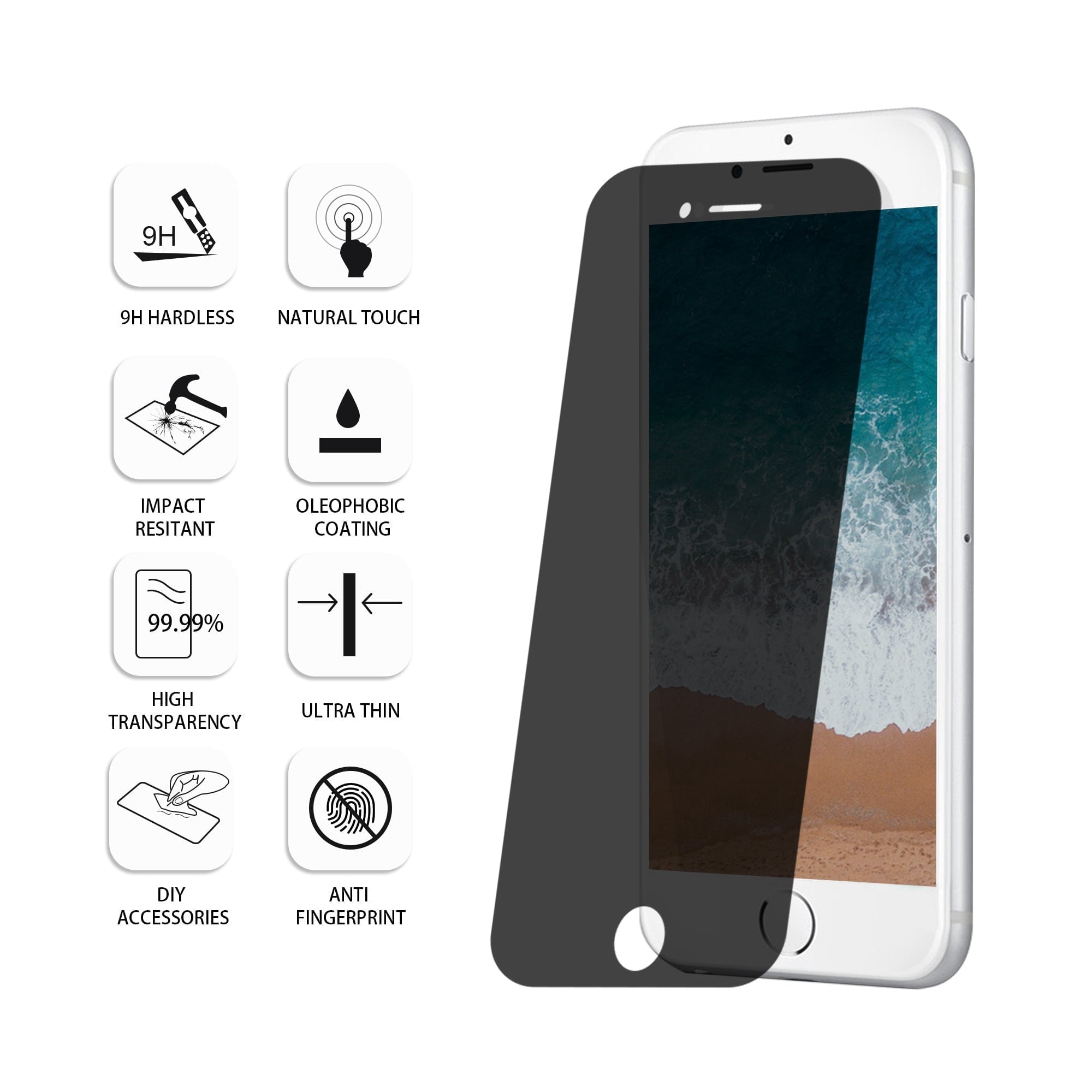 Protection écran Verre Trempé 9H Anti-espion Pour IPhone 7 Plus & 8 Plus - Neuf