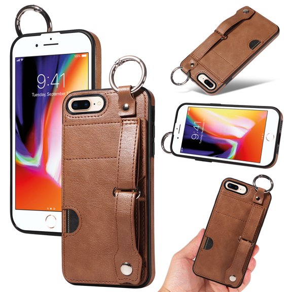 for iPhone 7 Plus/8 Plus Wallet Case with Card Holder, Hand Wrist Strap Loop Holder Kickstand, Finger Grip Ring PU Leather Double Buttons Shockproof Soft TPU Cover for iPhone 7 Plus/8 Plus, Brown