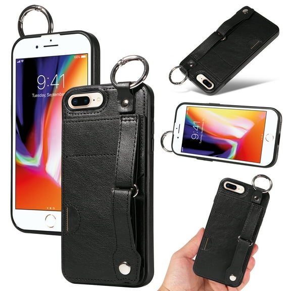 for iPhone 7 Plus/8 Plus Wallet Case with Card Holder, Hand Wrist Strap Loop Holder Kickstand, Finger Grip Ring PU Leather Double Buttons Shockproof Soft TPU Cover for iPhone 7 Plus/8 Plus, Black