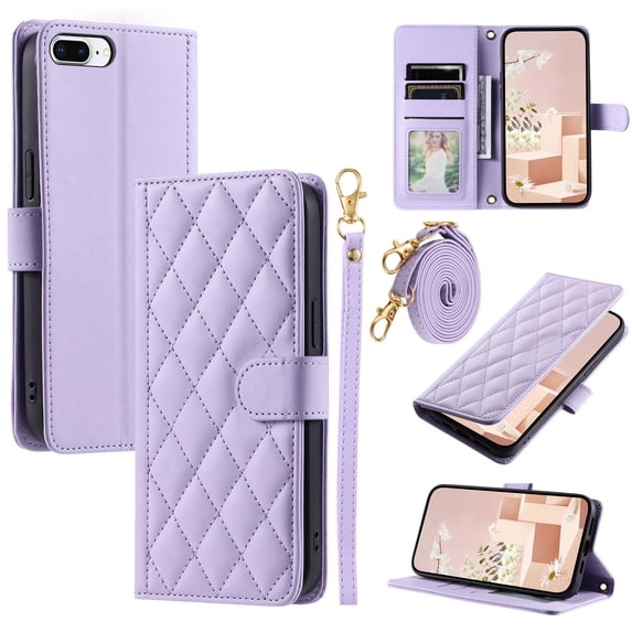 for iPhone 7 Plus/8 Plus Wallet Case, Elegant PU Leather Shoulder Strap & Wrist Strap Kickstand Card Slots Magnetic Closure Full Body Protection Phone Case for iPhone 7 Plus/8 Plus, Purple