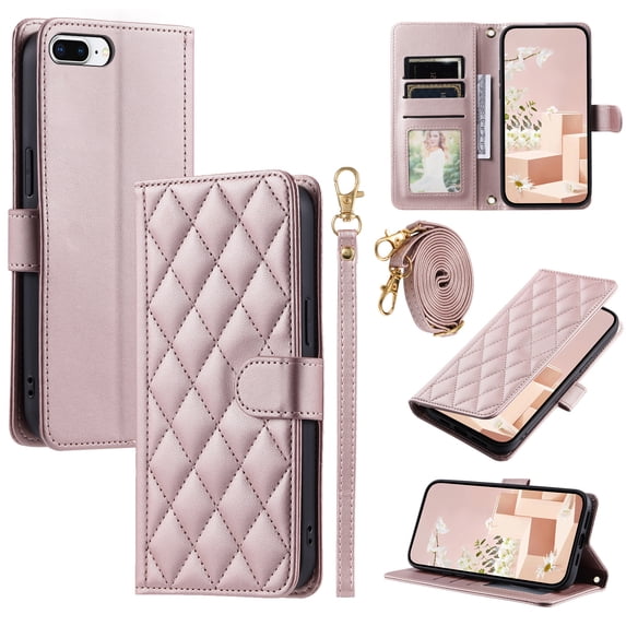 for iPhone 7 Plus/8 Plus Wallet Case, Elegant PU Leather Shoulder Strap & Wrist Strap Kickstand Card Slots Magnetic Closure Full Body Protection Phone Case for iPhone 7 Plus/8 Plus, Rosegold