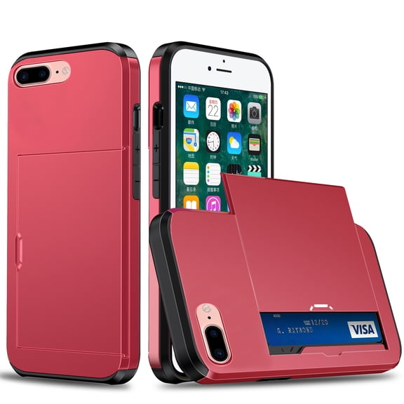 for iPhone 7 Plus, iPhone 8 Plus Wallet Case with Sliding Door Hidden Pocket Credit Card Holder Dual Layer Heavy Duty Shockproof Hard PC Hybrid TPU Phone Flip Protective Cover, Red
