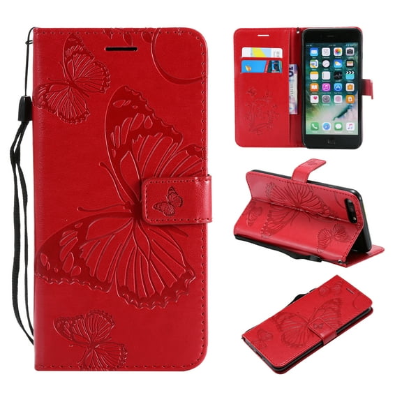 iPhone 7 Plus/ 8 Plus Wallet case, Allytech Pretty Retro Embossed Butterfly Flower Design PU Leather Book Style Wallet Flip Case Cover for Apple iPhone 7 Plus and iPhone 8 Plus, Red