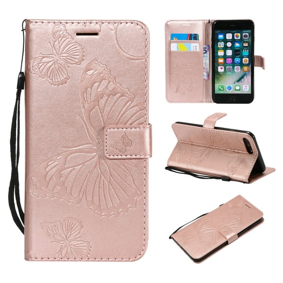 iPhone 7 Plus/ 8 Plus Wallet case, Allytech Pretty Retro Embossed Butterfly Flower Design PU Leather Book Style Wallet Flip Case Cover for Apple iPhone 7 Plus and iPhone 8 Plus, Rosegold