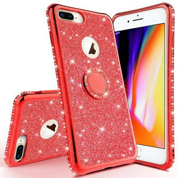 iPhone 7 Plus Case, iPhone 8 Plus Case Glitter Cute Phone Case Girls with Kickstand, Bling Diamond Rhinestone Bumper Ring Stand Protective Clear iPhone 7 Plus/ 8 Plus for Girl Women - Red