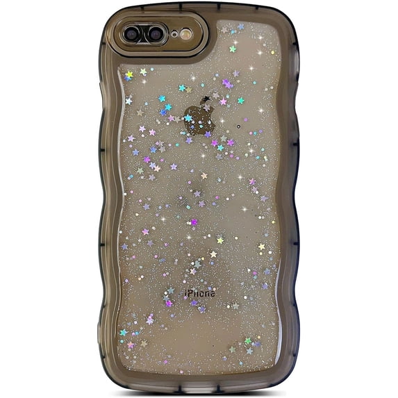iPhone 7 Plus Case,iPhone 8 Plus Case,Curly Wave Design Transparent Bling Glitter Star Shiny Case, Cute Clear Full Protection Soft TPU Shockproof Phone Cover Case for Women Girls,Black