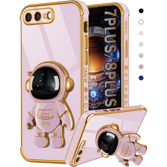 for iPhone 7 Plus/iPhone 8 Plus Case Astronaut Cute for Women Girls Girly Unique Purple Phone Cases with Astronaut Hidden Stand Kickstand 6D Design Cover for iPhone 7Plus/8Plus 5.5 inch