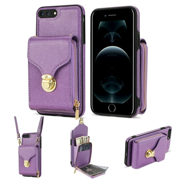 for iPhone 7 Plus, iPhone 8 Plus Case Wallet with Shoulder Strap for Women - Crossbody Lanyard,Zipper Pocket,Credit Card Holder,Shockproof - Metal Buckle Closure Premium PU Leather Case, Purple