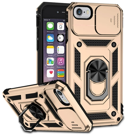 iPhone 7 Plus / iPhone 8 Plus Kickstand Armor Case with Slide Camera Lens Protection Cover Built-in 360° Rotate Ring Holder Stand Magnetic Military Shockproof Phone Cover Case, Gold
