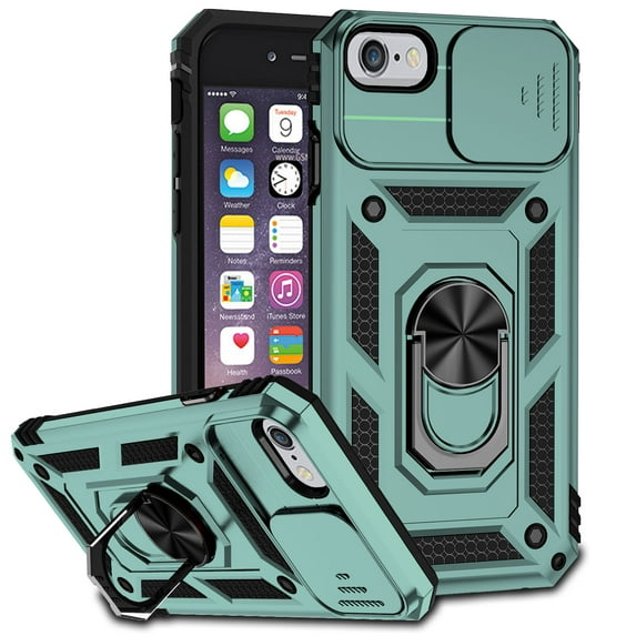 iPhone 7 Plus / iPhone 8 Plus Kickstand Armor Case with Slide Camera Lens Protection Cover Built-in 360° Rotate Ring Holder Stand Magnetic Military Shockproof Phone Cover Case, Green