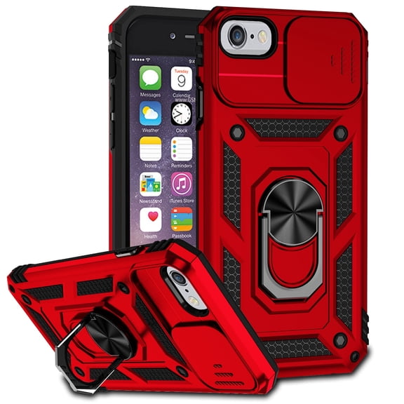 iPhone 7 Plus / iPhone 8 Plus Kickstand Armor Case with Slide Camera Lens Protection Cover Built-in 360° Rotate Ring Holder Stand Magnetic Military Shockproof Phone Cover Case, Red