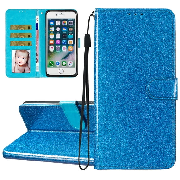 For iPhone 7 Plus / iPhone 8 Plus Wallet Case Bling Shiny Premium PU Leather with RFID Blocking Card Slots Holder Magnetic Flip Kickstand Shockproof Wrist Strap Cover, Blue