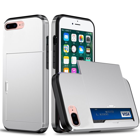 for iPhone 7 Plus, iPhone 8 Plus Wallet Case with Sliding Door Hidden Pocket Credit Card Holder Dual Layer Heavy Duty Shockproof Hard PC Hybrid TPU Phone Flip Protective Cover, Silver