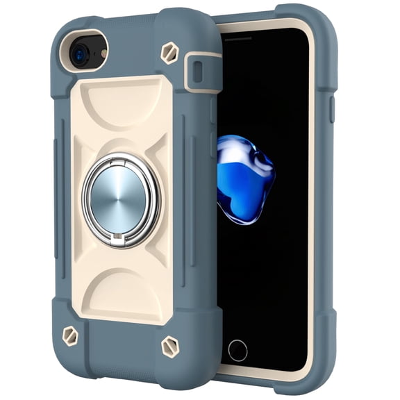 for iPhone 7, iPhone 8, iPhone SE 2020 Case with Ring Stand, Heavy Duty Military Grade Rugged Shockproof Silicone Rubber Magnetic 360 Ring Kickstand Holder Case for Women Girls, Dark Blue