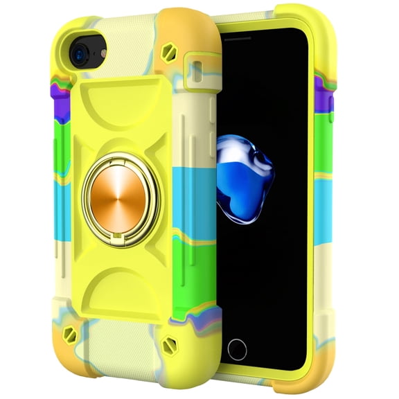 for iPhone 7, iPhone 8, iPhone SE 2020 Case with Ring Stand, Heavy Duty Military Grade Rugged Shockproof Silicone Rubber Magnetic 360 Ring Kickstand Holder Case for Women Girls, Yellow Green