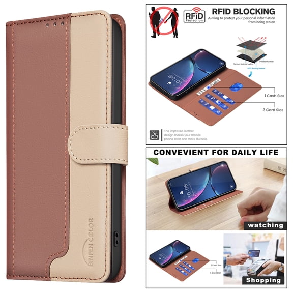 for iPhone 7 / iPhone 8 / iPhone SE 2022 & 2020 Case, Color Blocking Design PU Leather [RFID Blocking] Wallet Case, Card Slots Flip Kickstand Full Body Protective Purse Phone Cover, Brown