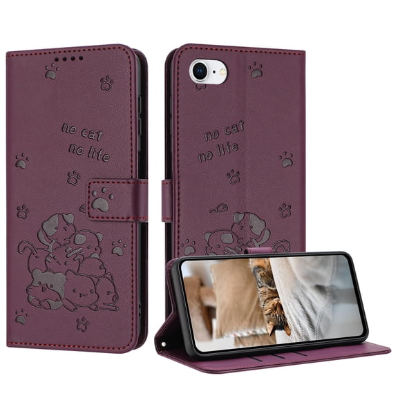 for iPhone 7 / iPhone 8 / iPhone SE 2022 & 2020 Phone Case Wallet, Embossed Cute Cat Pattern Purse Case Women Girls Wrist Strap [Card Cash Slots] [Flip Kickstand] PU Leather Protection Cover, Maroon