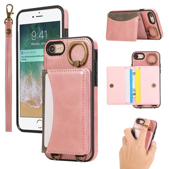 for iPhone 7 / iPhone 8 / iPhone SE 2022 & 2020 Wallet Case with Card Slots, Hand Wrist Strap Rotate Ring Design, Finger Grip Ring PU Leather Magnetic Button Shockproof Purse Phone Cover, Pink
