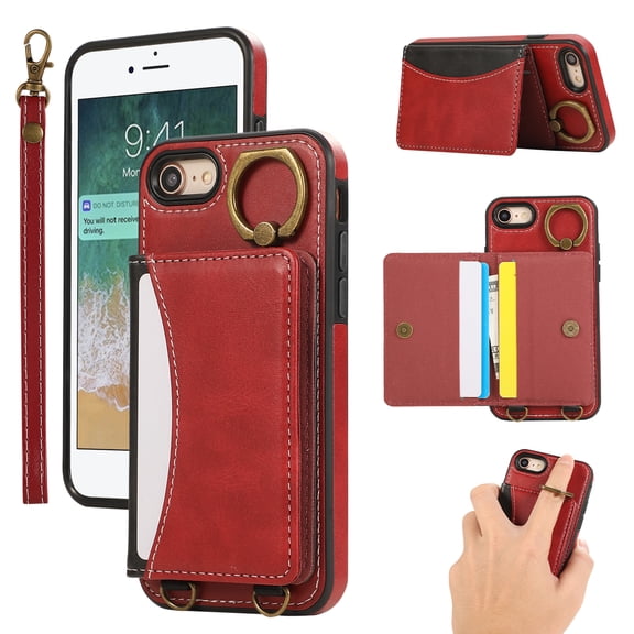 for iPhone 7 / iPhone 8 / iPhone SE 2022 & 2020 Wallet Case with Card Slots, Hand Wrist Strap Rotate Ring Design, Finger Grip Ring PU Leather Magnetic Button Shockproof Purse Phone Cover, Red