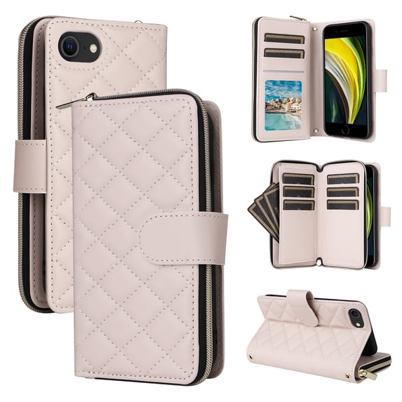 for iPhone 7 / iPhone 8 / iPhone SE 2022 & 2020 Wallet Case, Multi-Functional Zipper Purse Case, with Flip Stand Card Holder PU Leather Cover with Lanyard & Wrist Strap, Beige