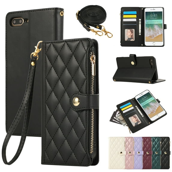 for iPhone 7 / iPhone 8 / iPhone SE 2022 & 2020 Wallet Case with Zipper Pocket Card Holder & Crossbody Lanyard Strap & Wrist Strap, Flip Kickstand PU Leather Magnetic Folio Handbag Purse Case, Black