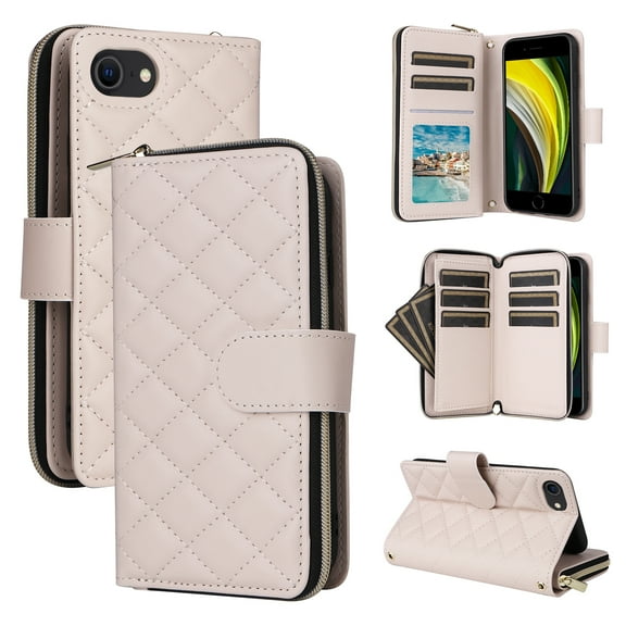 for iPhone 7 / iPhone 8 / iPhone SE 2022 & 2020 Zipper Wallet Case with Card Holder - PU Leather Stand Phone Case, Crossbody Shoulder Strap & Wrist Strap, Shockproof Protective Cover, Beige